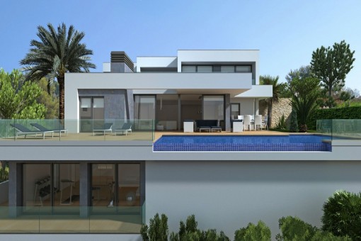 Front view of the villa with infinity pool