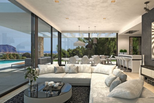 Puristic living room with views of the sea